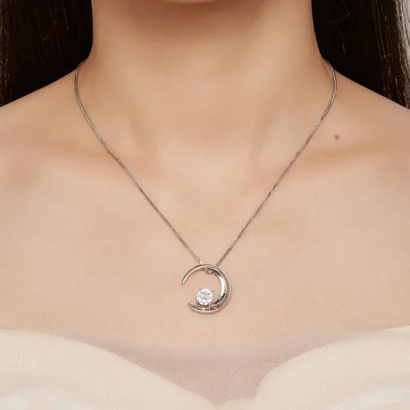 925 Sterling Silver Moon Pendant Necklace Lettering Crescent Neck Chain for Women Anniversary Engagement Jewelry Gift