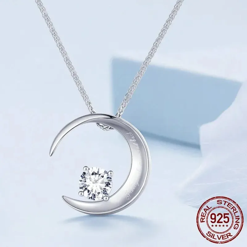 925 Sterling Silver Moon Pendant Necklace Lettering Crescent Neck Chain for Women Anniversary Engagement Jewelry Gift