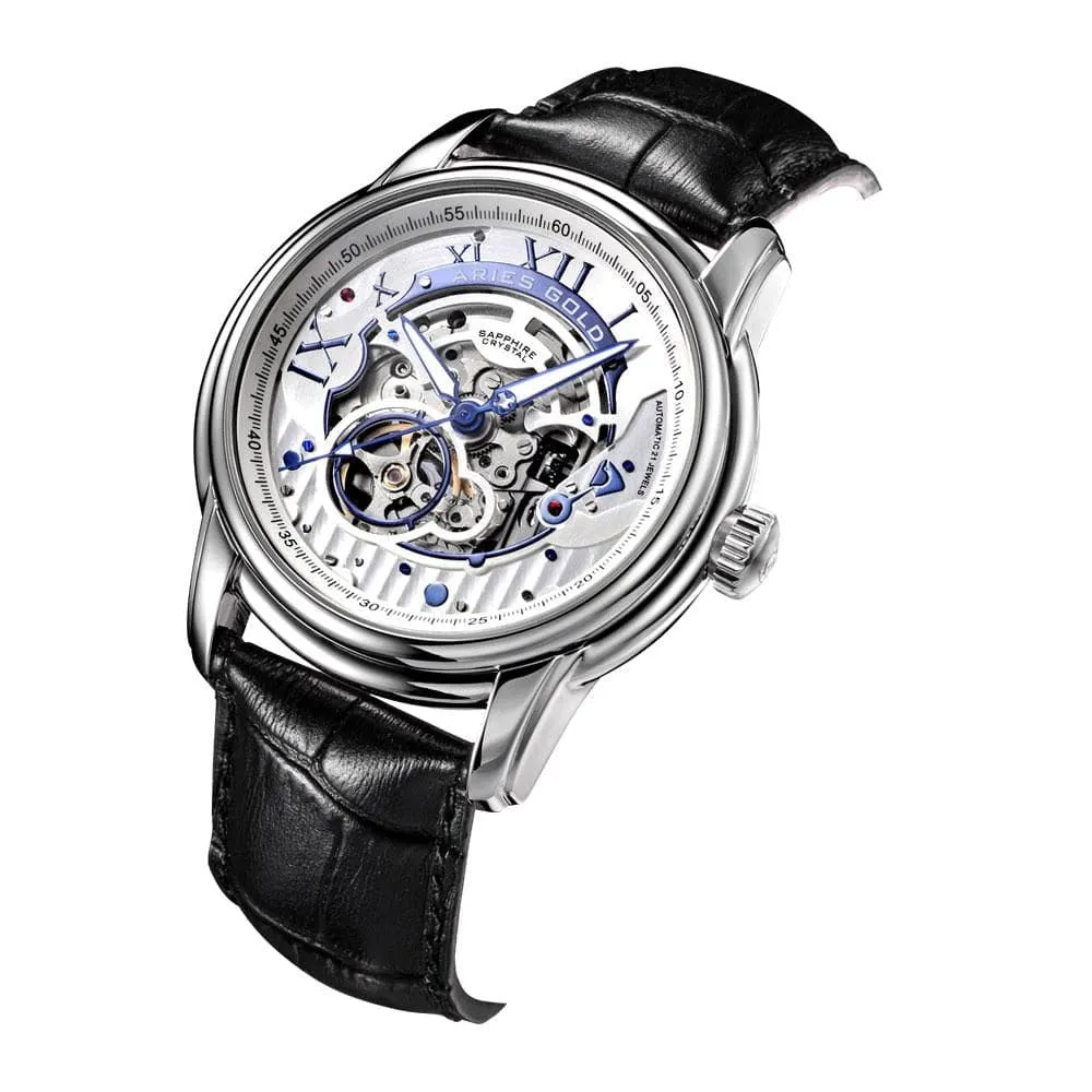 ARIES GOLD AUTOMATIC INFINUM EL TORO SILVER STAINLESS STEEL G 9005A S-S BLACK LEATHER STRAP MEN'S WATCH