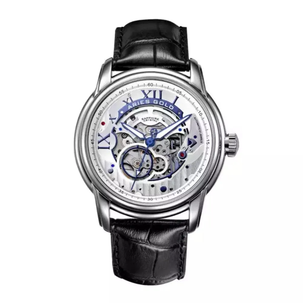 ARIES GOLD AUTOMATIC INFINUM EL TORO SILVER STAINLESS STEEL G 9005A S-S BLACK LEATHER STRAP MEN'S WATCH