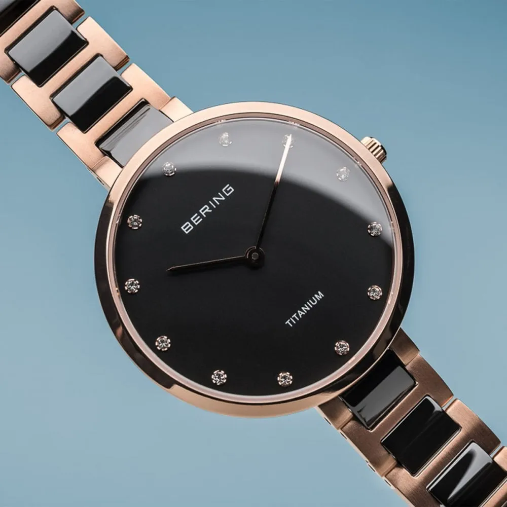 Bering Black & Rose Gold Ceramic Ladies Watch with Swarovski Crystals
