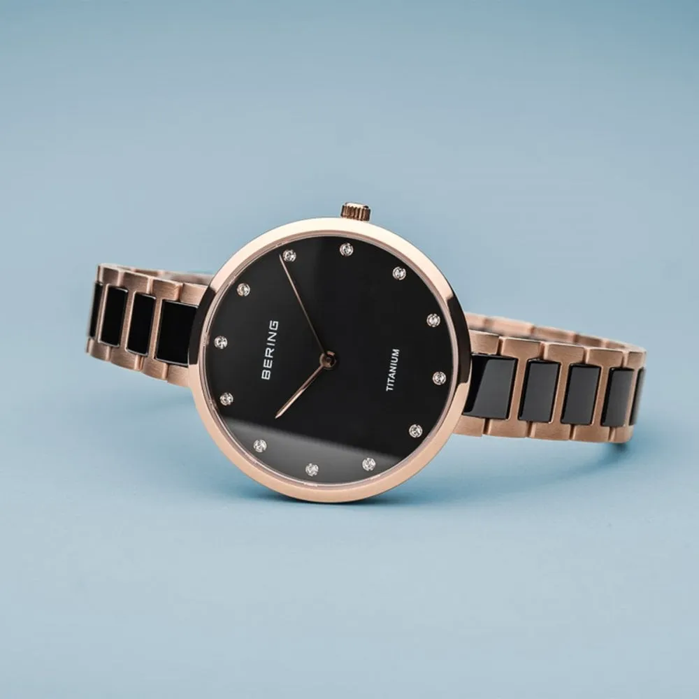 Bering Black & Rose Gold Ceramic Ladies Watch with Swarovski Crystals