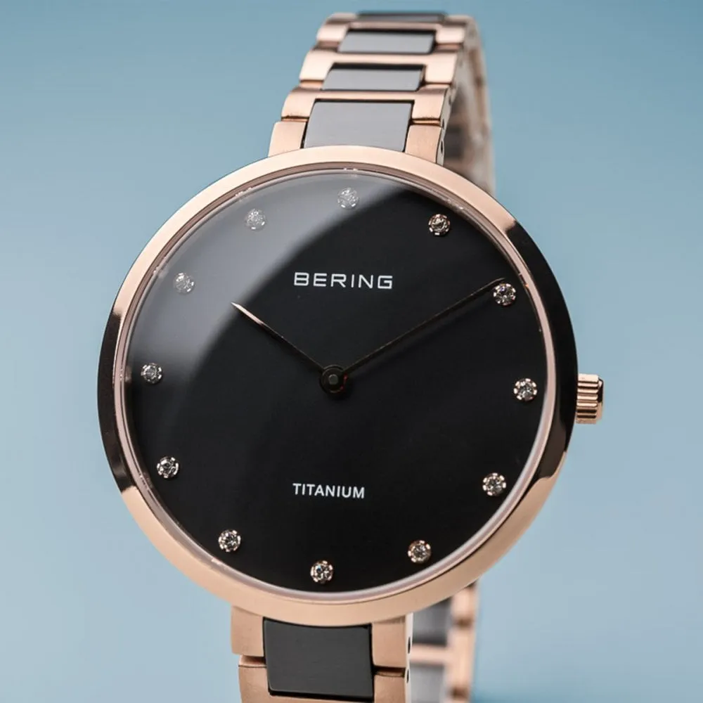 Bering Black & Rose Gold Ceramic Ladies Watch with Swarovski Crystals