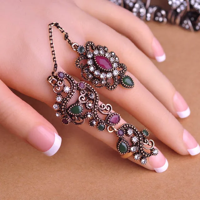 Blucome New Arrival Adjustable Turkish Two Finger Rings For Party Women Red Resin Hollow Out Flower Vintage Ring Anel Jewelry