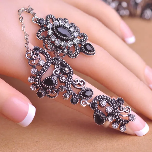 Blucome New Arrival Adjustable Turkish Two Finger Rings For Party Women Red Resin Hollow Out Flower Vintage Ring Anel Jewelry