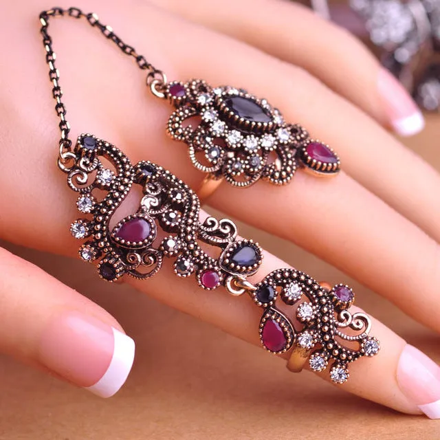 Blucome New Arrival Adjustable Turkish Two Finger Rings For Party Women Red Resin Hollow Out Flower Vintage Ring Anel Jewelry