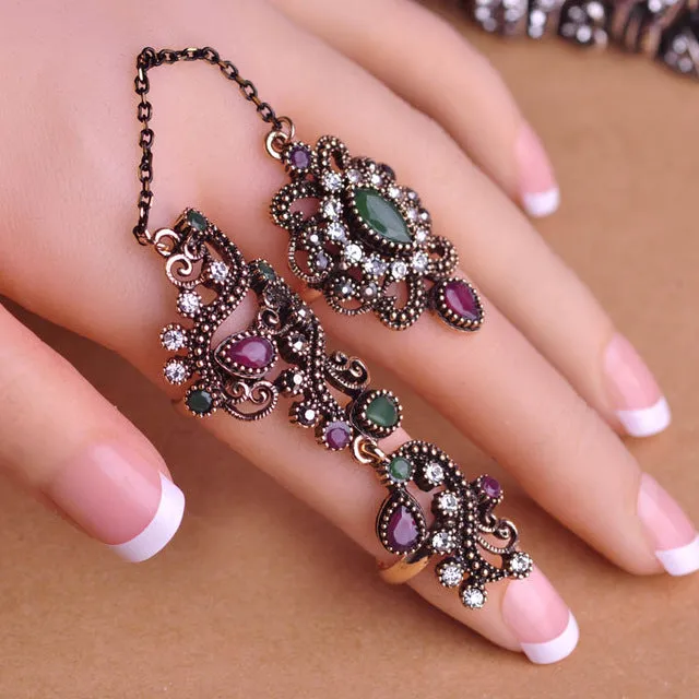 Blucome New Arrival Adjustable Turkish Two Finger Rings For Party Women Red Resin Hollow Out Flower Vintage Ring Anel Jewelry