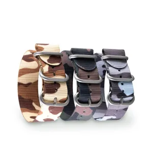 Bracelet-montre Zulu 3 anneaux - Nylon / tissu Camo (marron, marron/vert, gris)