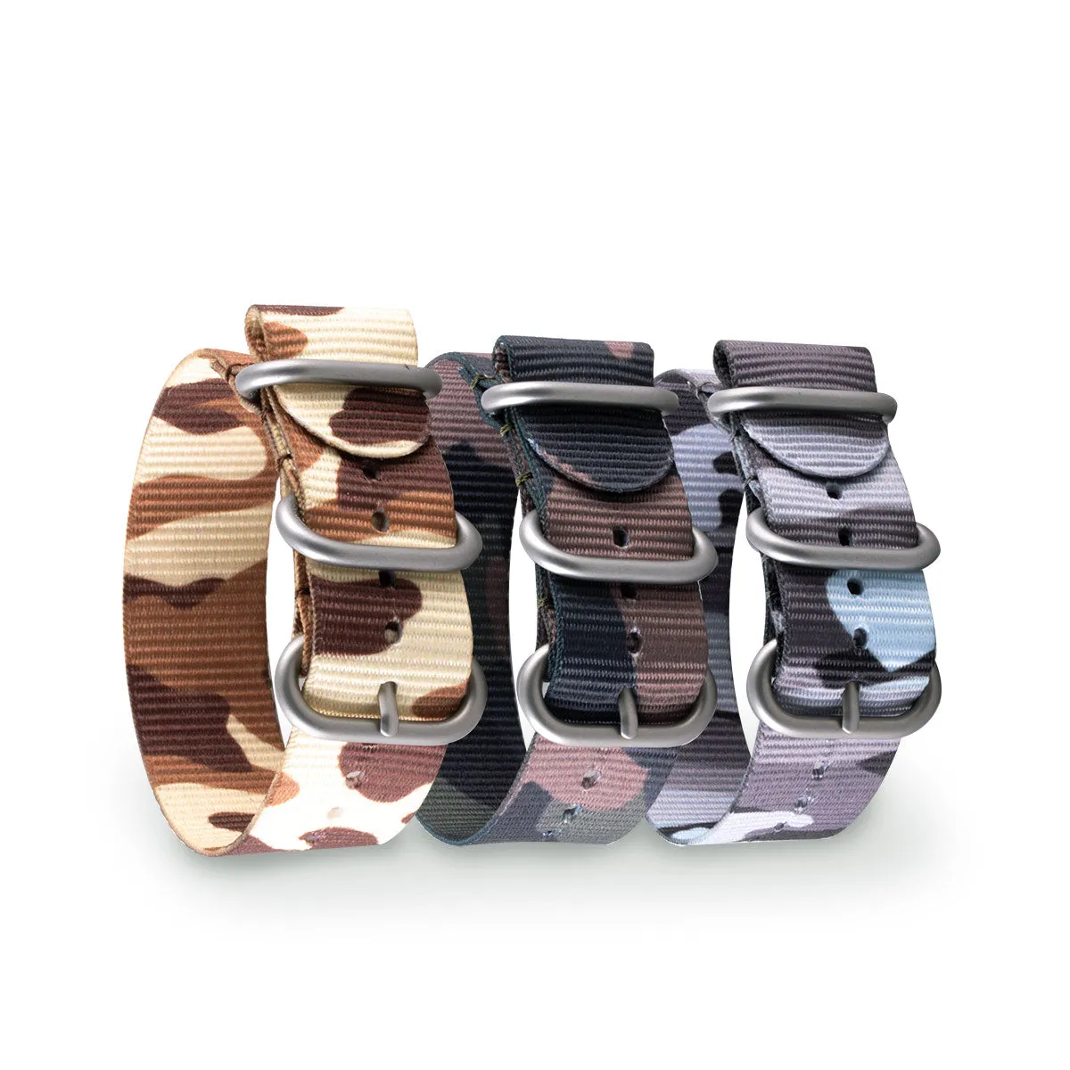 Bracelet-montre Zulu 3 anneaux - Nylon / tissu Camo (marron, marron/vert, gris)