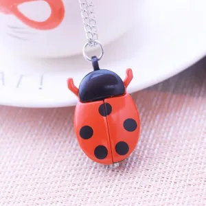 Bright-Colored Cartoon Ladybug Flip Cover Necklace Quartz Pocket Watches