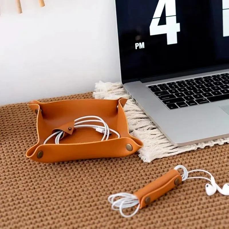 Desktop PU Leather Organizer Key Tray - Multi Folding Storage Box
