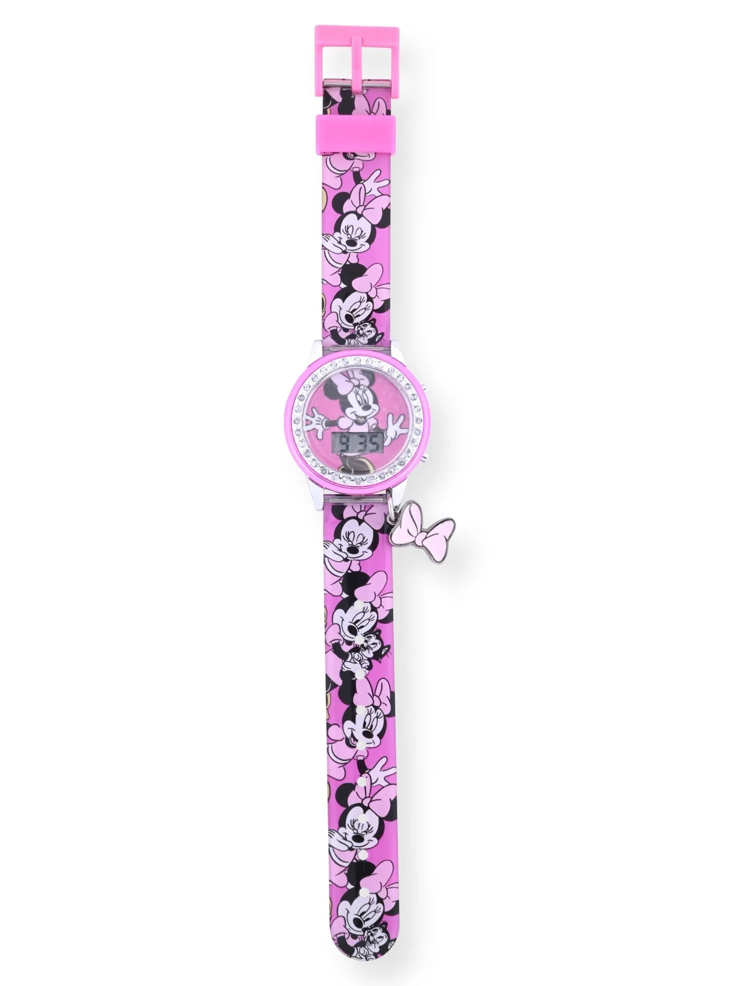 Disney Minnie Child LCD Watch with Printed Silicone Strap with Hanging Bow Charm & Light-Up Dial (MN4404WM)