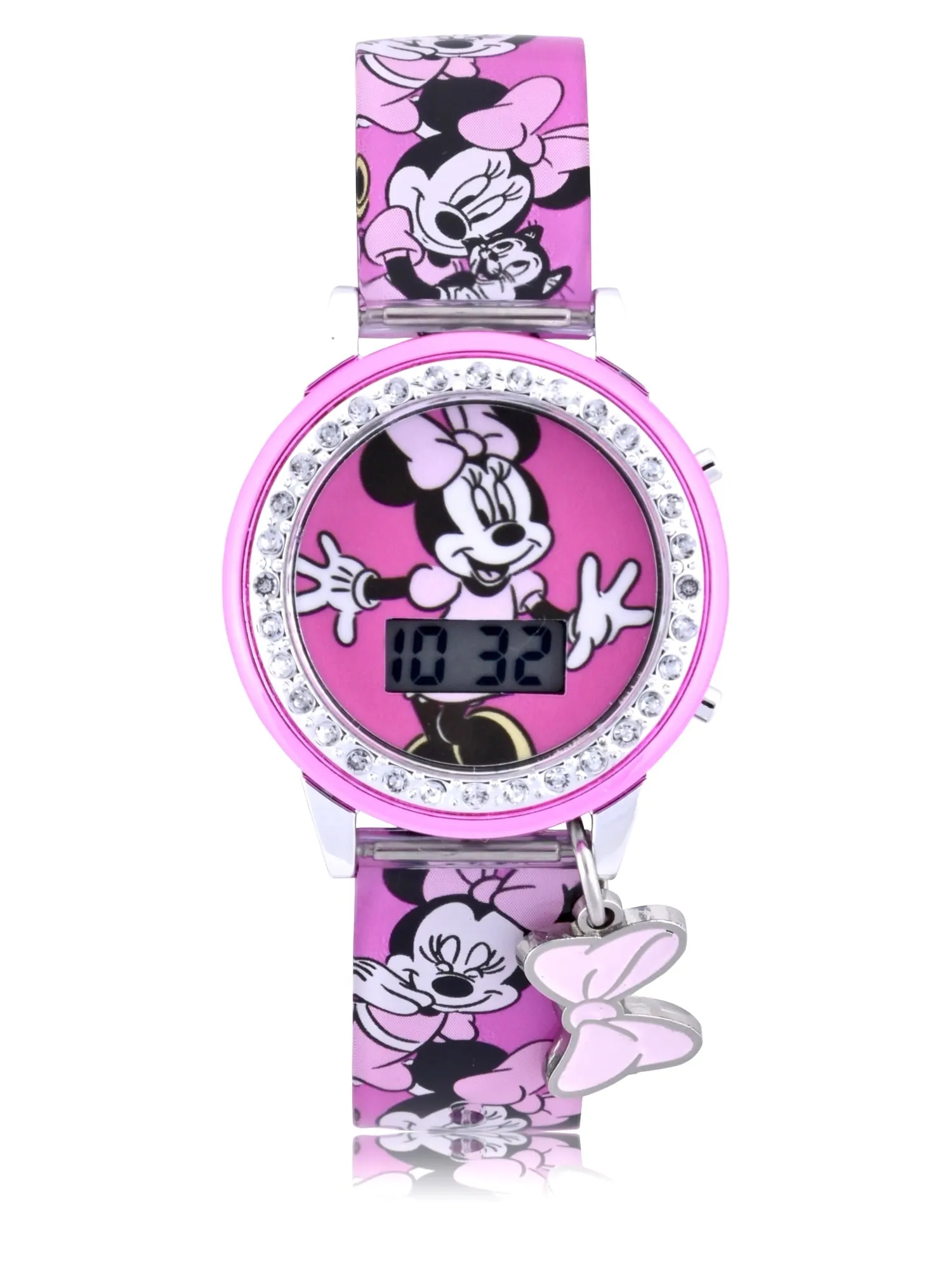 Disney Minnie Child LCD Watch with Printed Silicone Strap with Hanging Bow Charm & Light-Up Dial (MN4404WM)