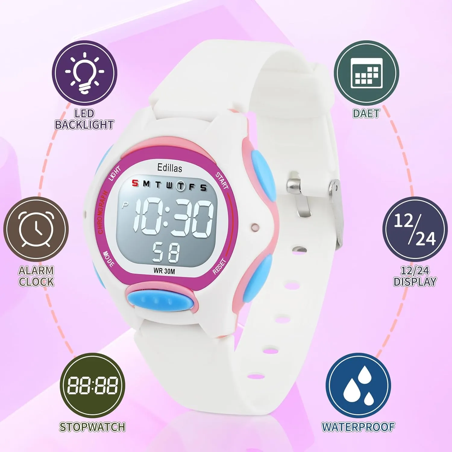 Edillas Kids Watch Digital for Girls Boys, Children Waterproof Watches Multi-Functional with LED Backlight Alarm/Stopwatch for Student Ages 4-13