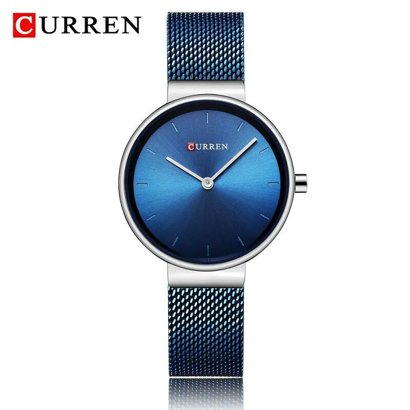 Fashion Blue Ladies Watches Mesh Stainless Steel Quartz Watch Women Luxury Simple Wristwatches Analog Lady Clock