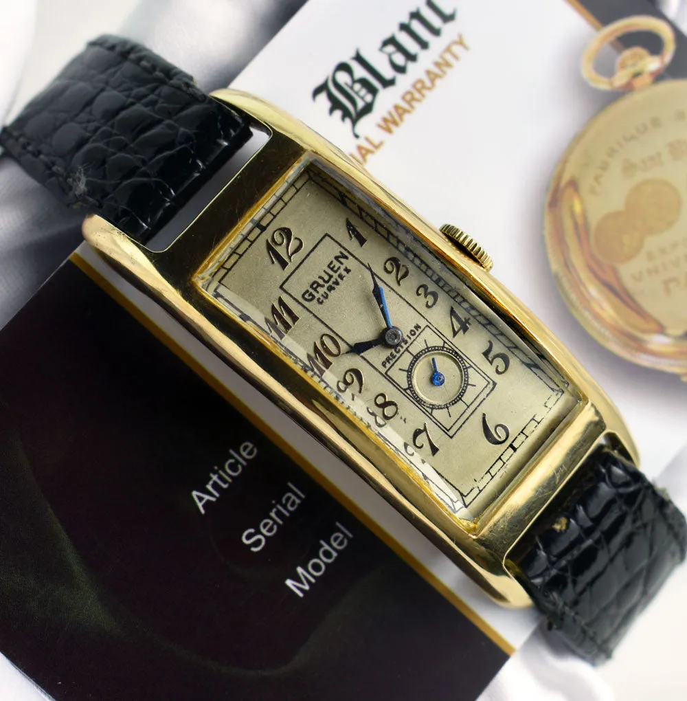 GRUEN Curvex Precision Art Deco Ivory Arabic Dial Blue Hands on Black Leather Strap