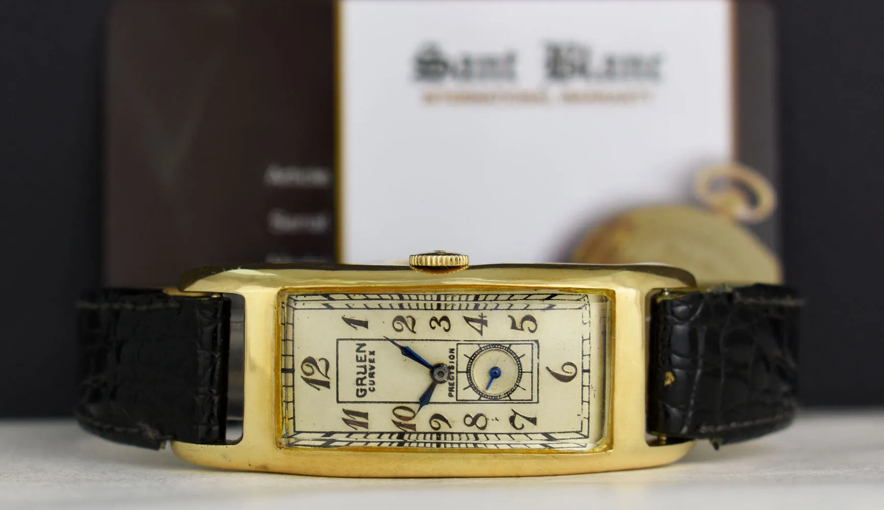 GRUEN Curvex Precision Art Deco Ivory Arabic Dial Blue Hands on Black Leather Strap