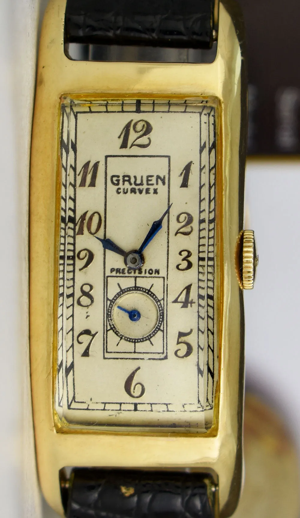GRUEN Curvex Precision Art Deco Ivory Arabic Dial Blue Hands on Black Leather Strap