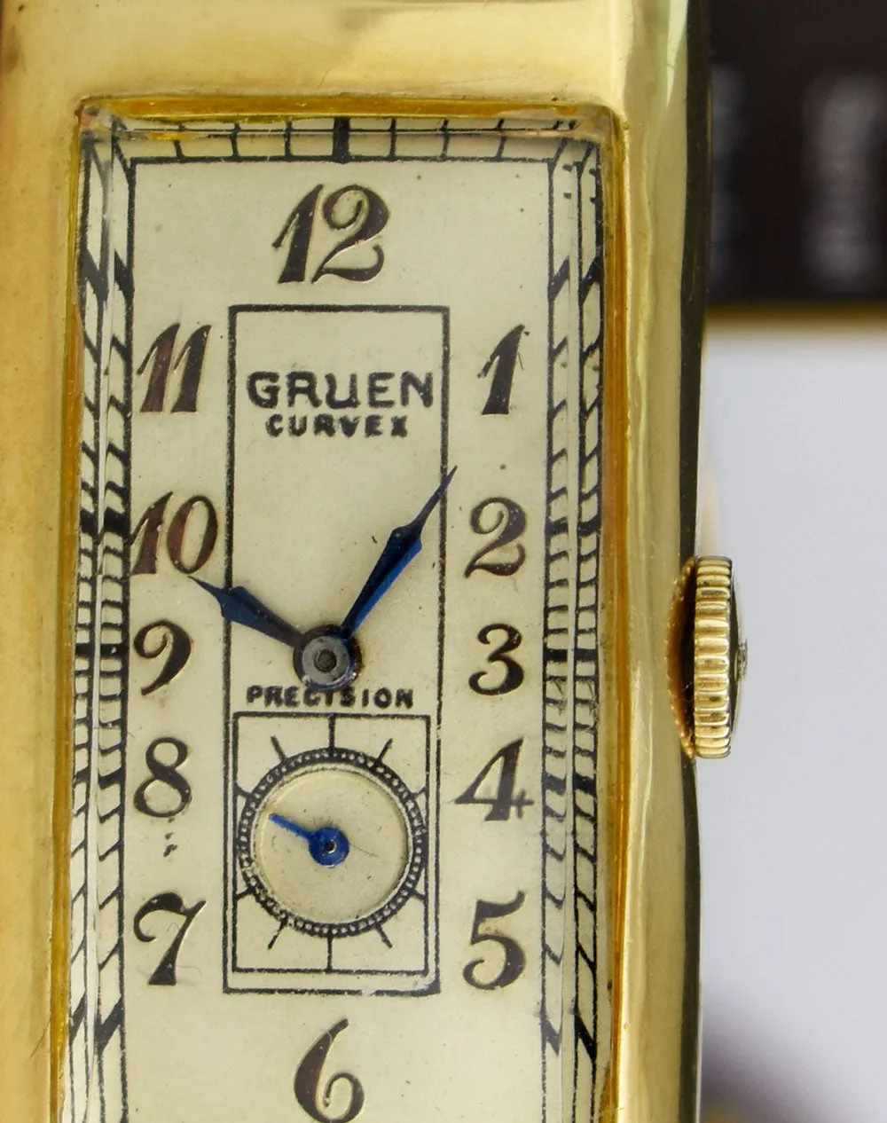 GRUEN Curvex Precision Art Deco Ivory Arabic Dial Blue Hands on Black Leather Strap