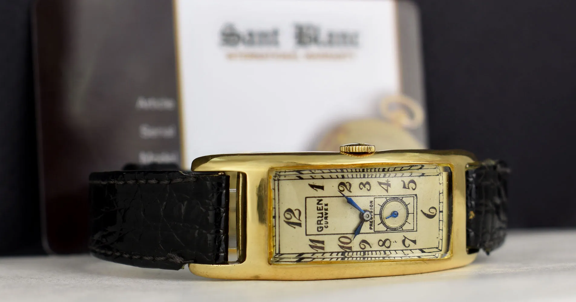 GRUEN Curvex Precision Art Deco Ivory Arabic Dial Blue Hands on Black Leather Strap