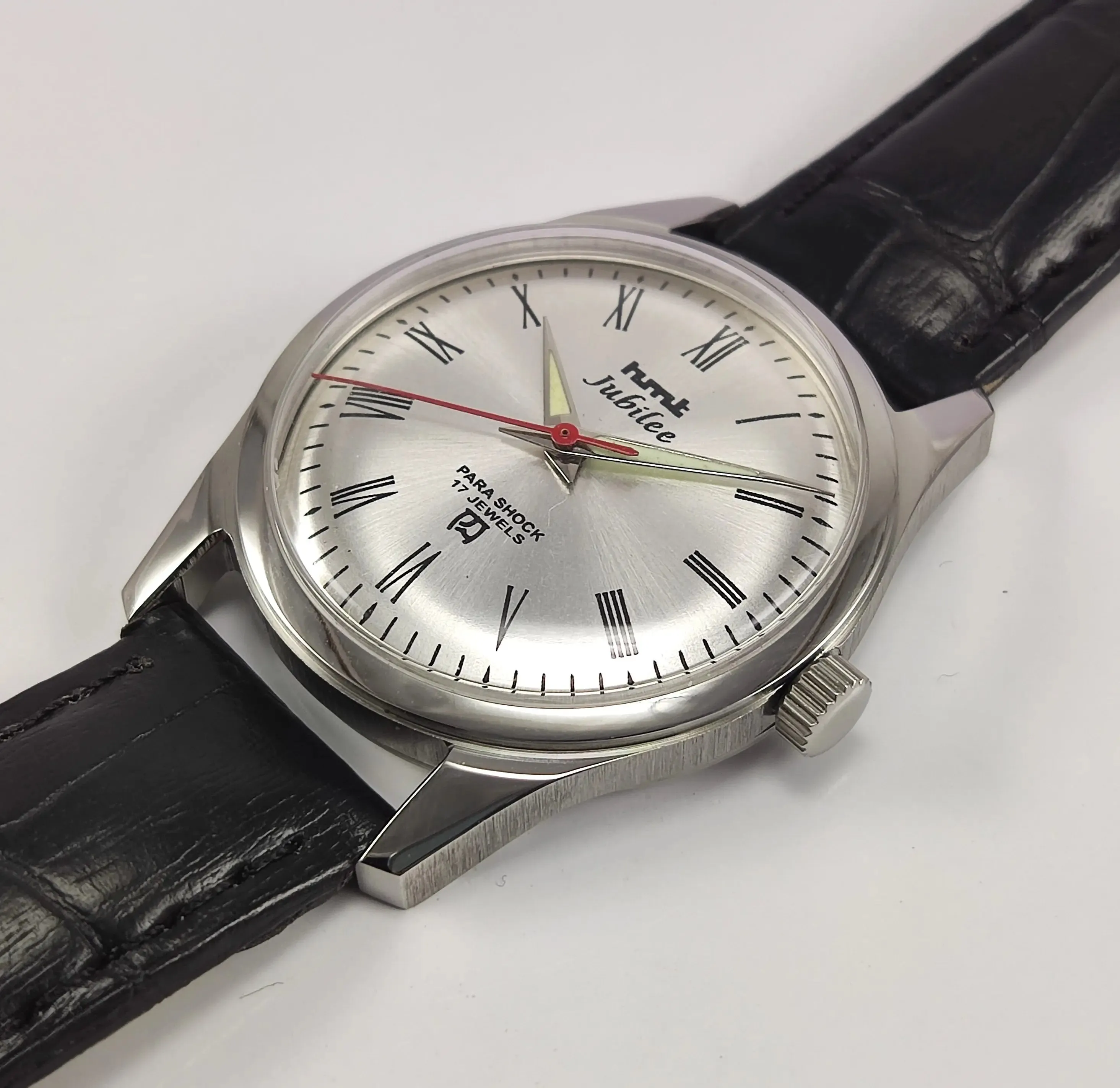 HMT Jubilee Para Shock 17 Jewels Silver Dial Transparent Back Mechanical Hand winding Men's Wrist Watch