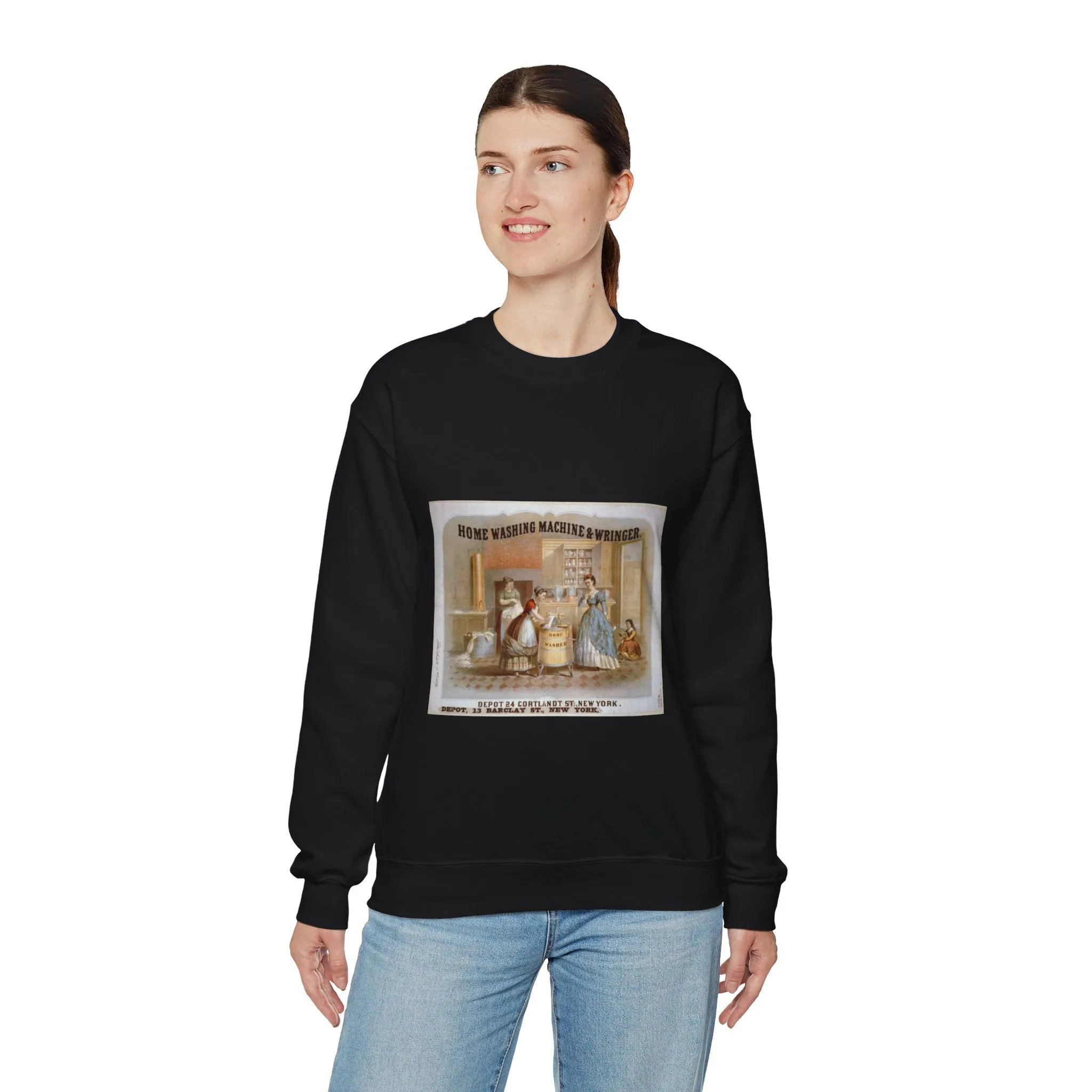 Home washing machine & wringer - A painting of a woman washing a child in a kitchen Black Heavy Blend Adult Crew Neck SweatShirt