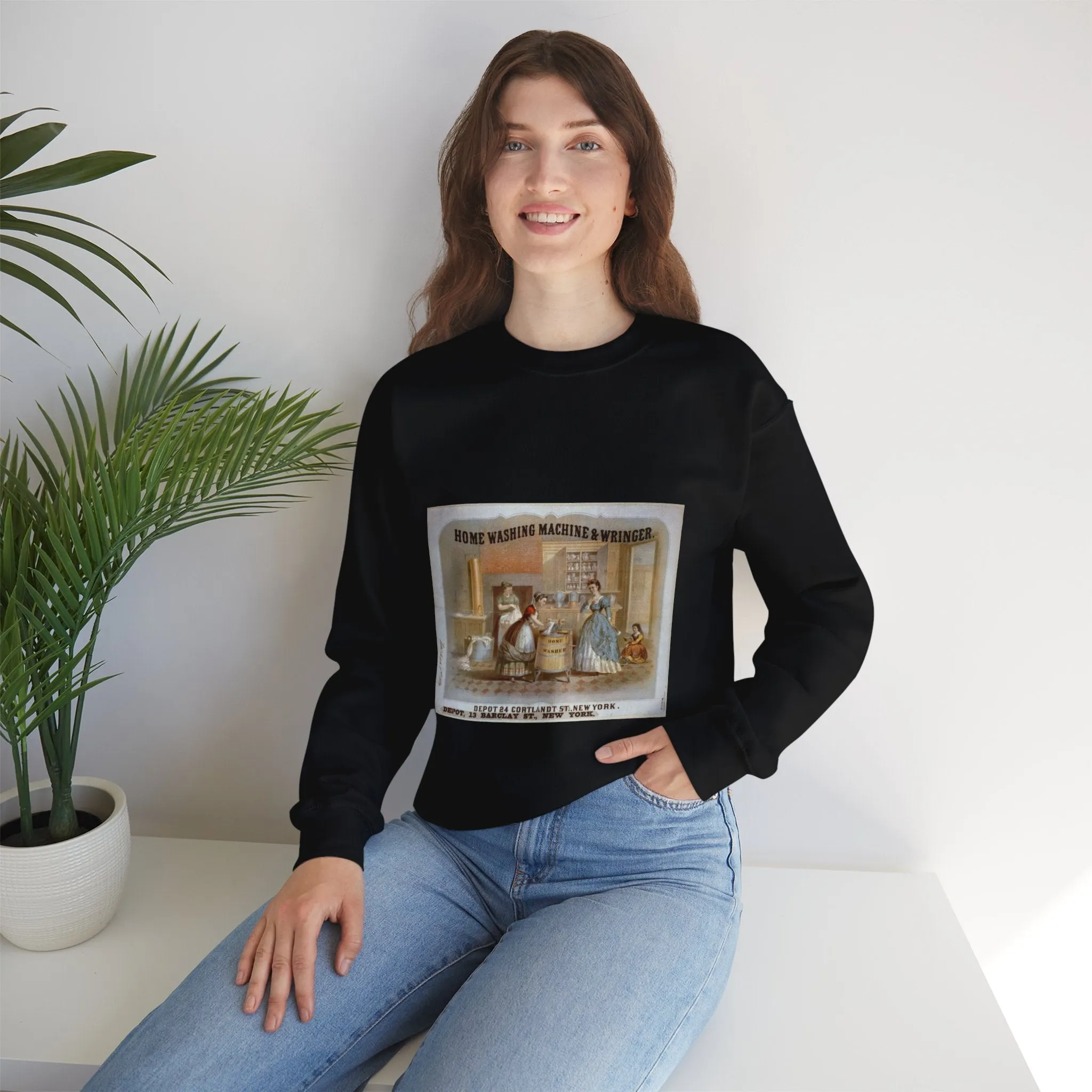 Home washing machine & wringer - A painting of a woman washing a child in a kitchen Black Heavy Blend Adult Crew Neck SweatShirt