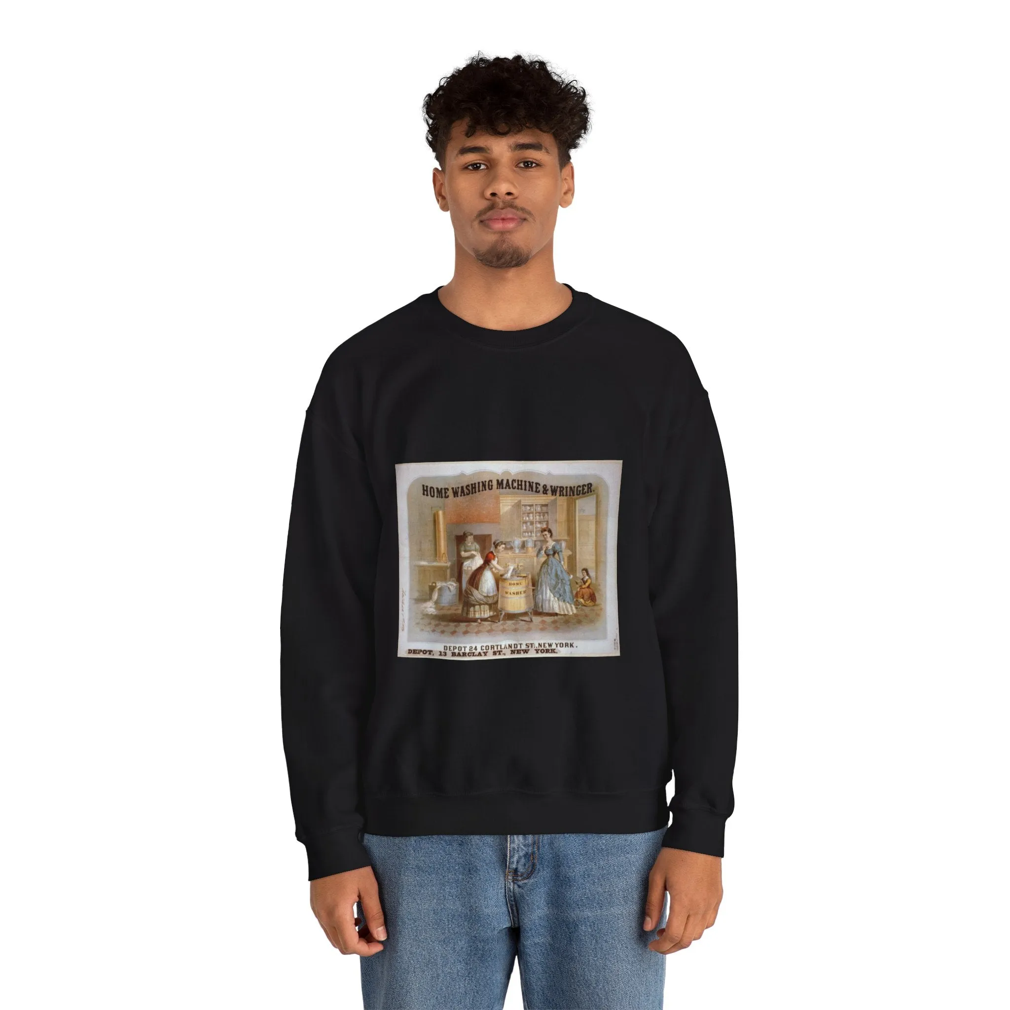Home washing machine & wringer - A painting of a woman washing a child in a kitchen Black Heavy Blend Adult Crew Neck SweatShirt
