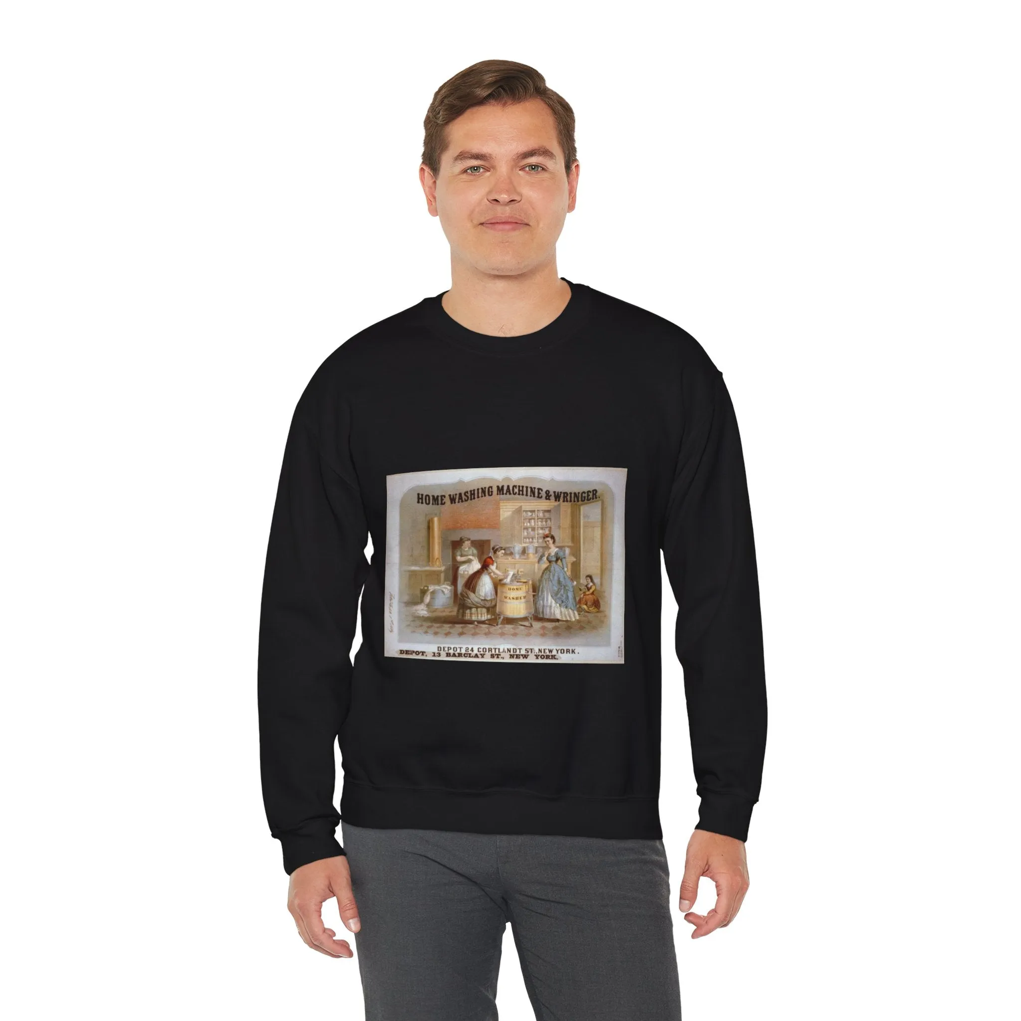 Home washing machine & wringer - A painting of a woman washing a child in a kitchen Black Heavy Blend Adult Crew Neck SweatShirt