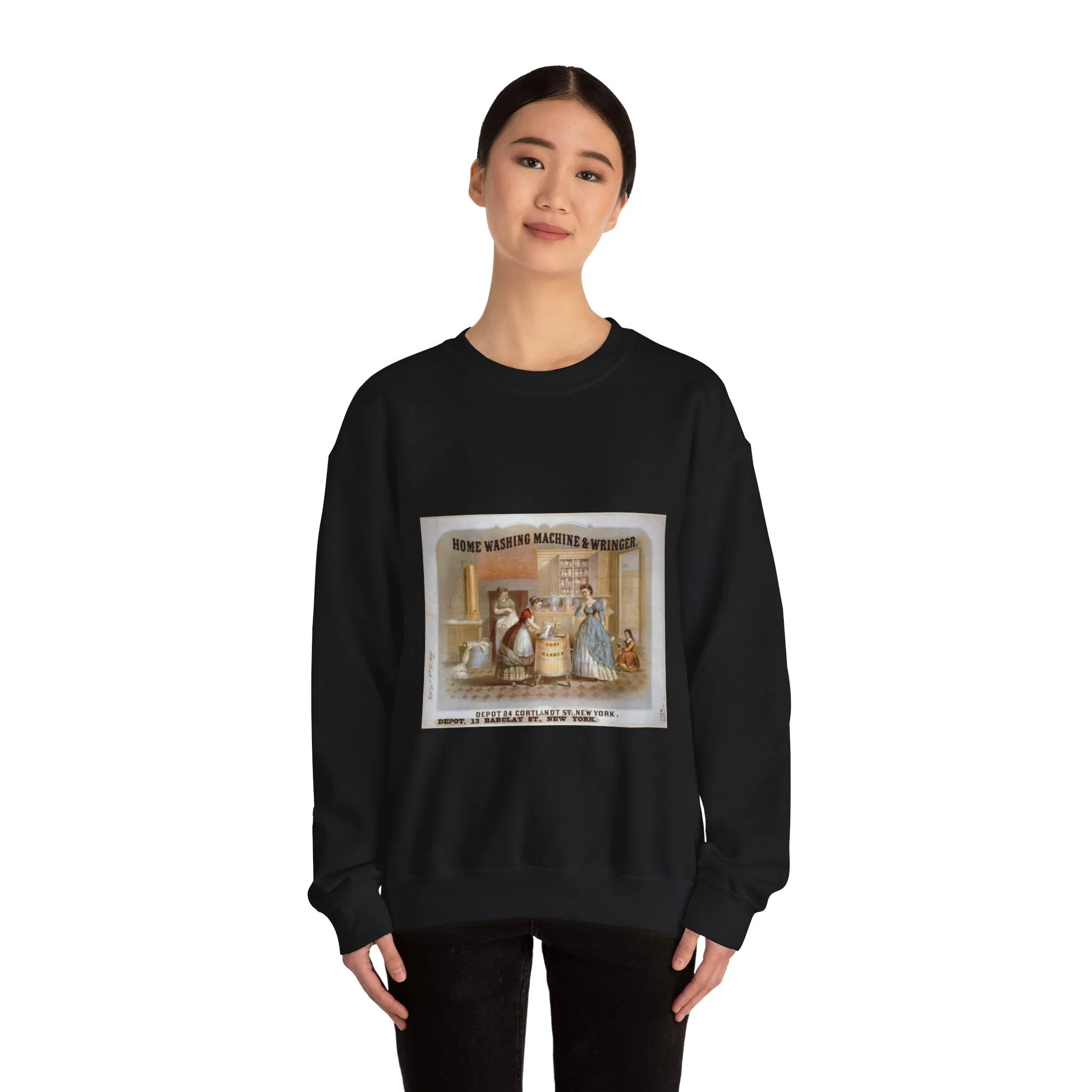 Home washing machine & wringer - A painting of a woman washing a child in a kitchen Black Heavy Blend Adult Crew Neck SweatShirt