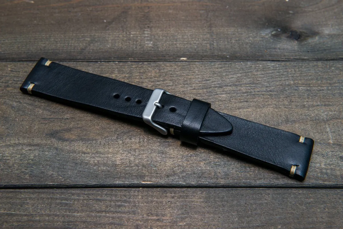 Italian bull  tapered leather watch strap 4 mm thick, Black Oily, handmade in Finland -  16mm, 17 mm, 18mm, 19 mm, 20mm, 21mm, 22mm, 23 mm, 24mm, 25 mm, 26 mm.