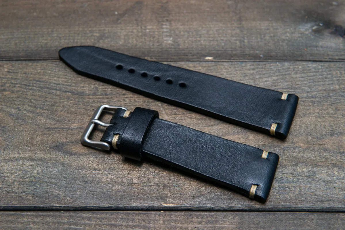 Italian bull  tapered leather watch strap 4 mm thick, Black Oily, handmade in Finland -  16mm, 17 mm, 18mm, 19 mm, 20mm, 21mm, 22mm, 23 mm, 24mm, 25 mm, 26 mm.