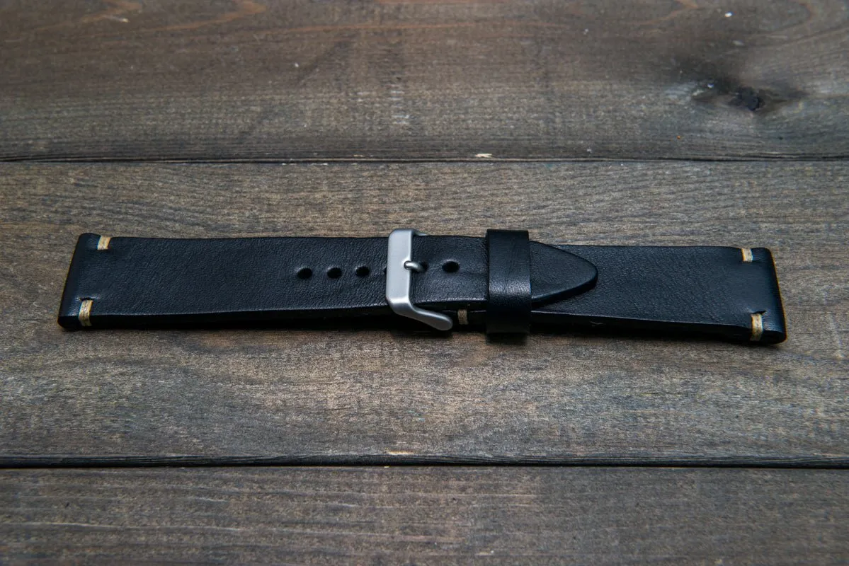 Italian bull  tapered leather watch strap 4 mm thick, Black Oily, handmade in Finland -  16mm, 17 mm, 18mm, 19 mm, 20mm, 21mm, 22mm, 23 mm, 24mm, 25 mm, 26 mm.
