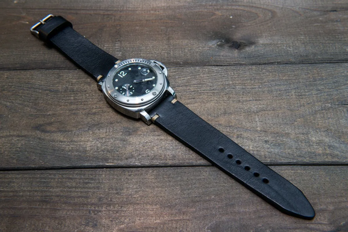 Italian bull  tapered leather watch strap 4 mm thick, Black Oily, handmade in Finland -  16mm, 17 mm, 18mm, 19 mm, 20mm, 21mm, 22mm, 23 mm, 24mm, 25 mm, 26 mm.