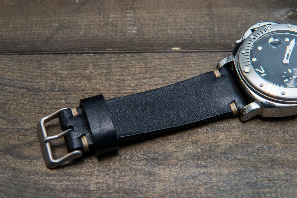 Italian bull  tapered leather watch strap 4 mm thick, Black Oily, handmade in Finland -  16mm, 17 mm, 18mm, 19 mm, 20mm, 21mm, 22mm, 23 mm, 24mm, 25 mm, 26 mm.