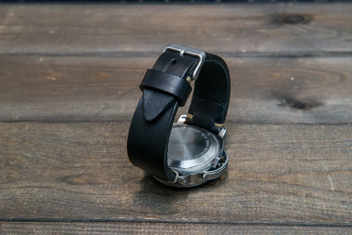 Italian bull  tapered leather watch strap 4 mm thick, Black Oily, handmade in Finland -  16mm, 17 mm, 18mm, 19 mm, 20mm, 21mm, 22mm, 23 mm, 24mm, 25 mm, 26 mm.