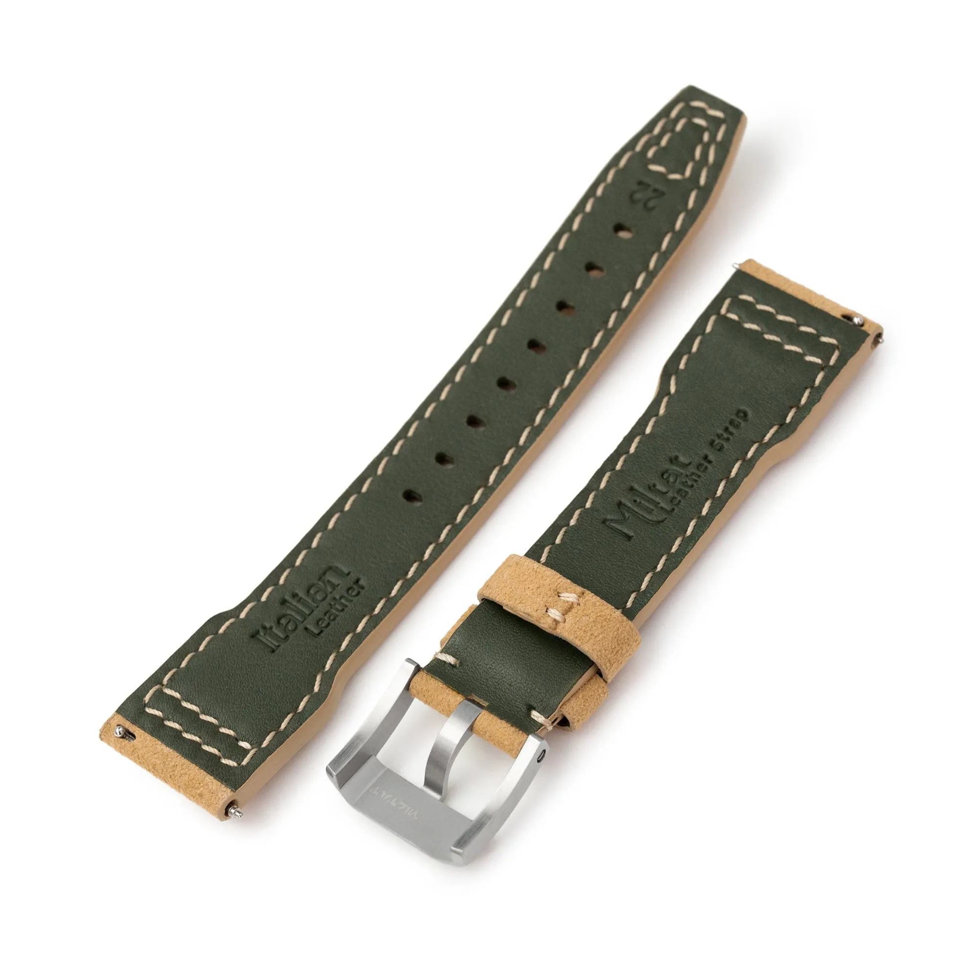Khaki Alcantara Fabric Quick Release Watch Band, Beige Stitch.