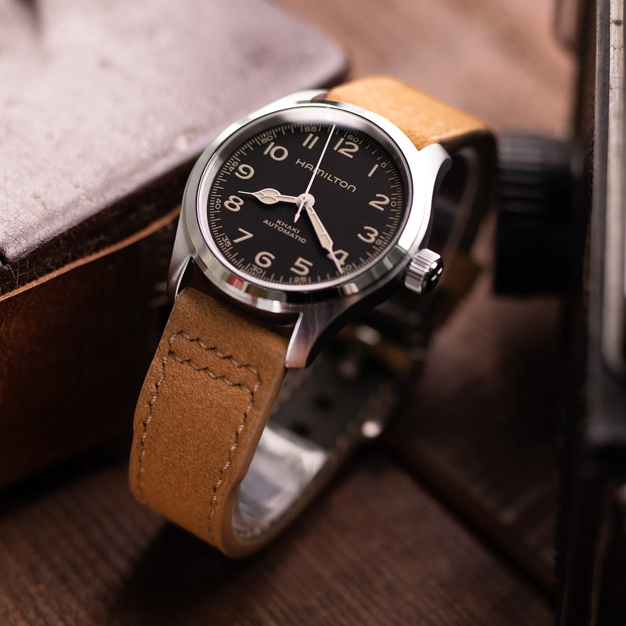 Khaki Alcantara Fabric Quick Release Watch Band, Beige Stitch.