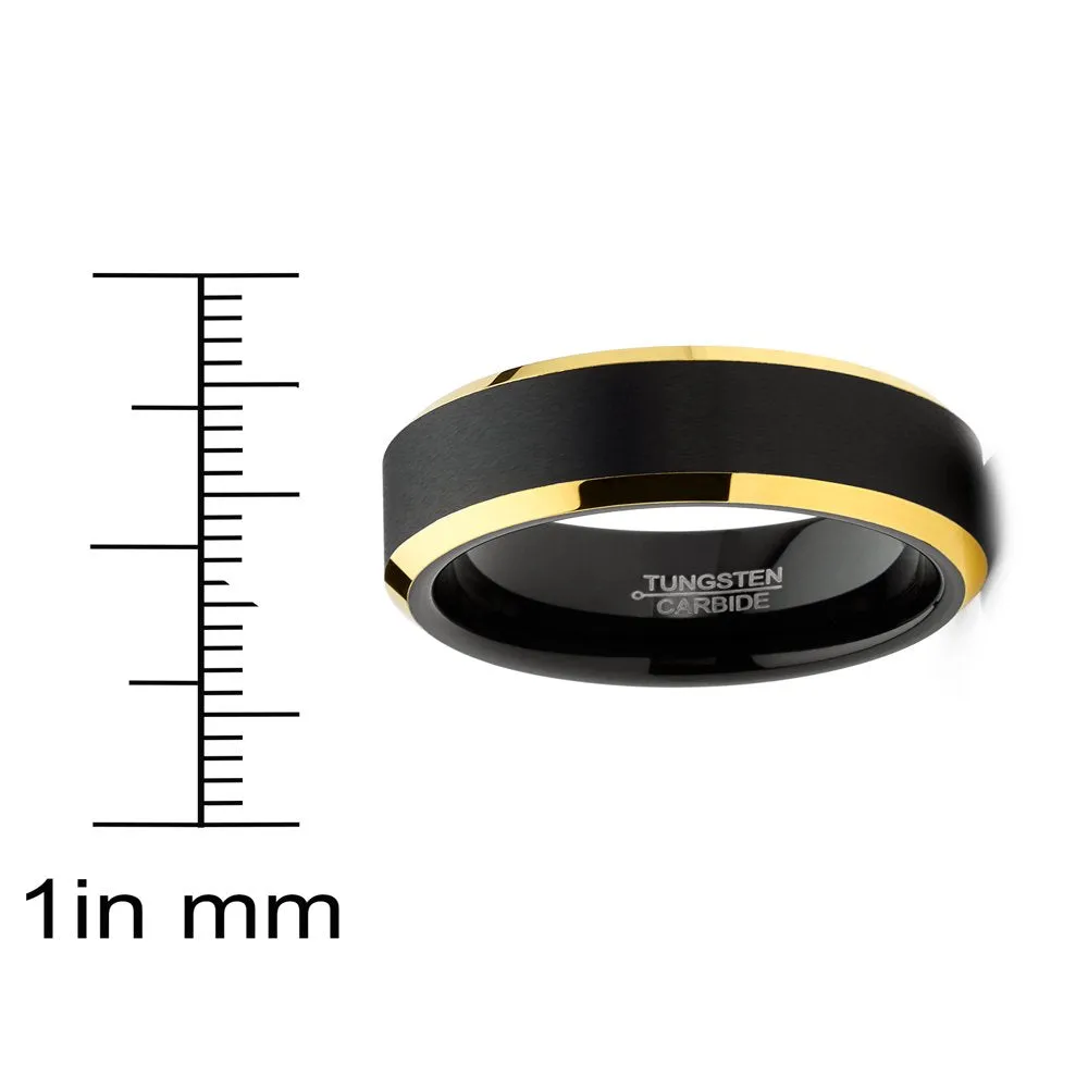Mens Tungsten Ring Black Goldtone Wedding Band Beveled Edges Comfort-Fit 8MM 9.5