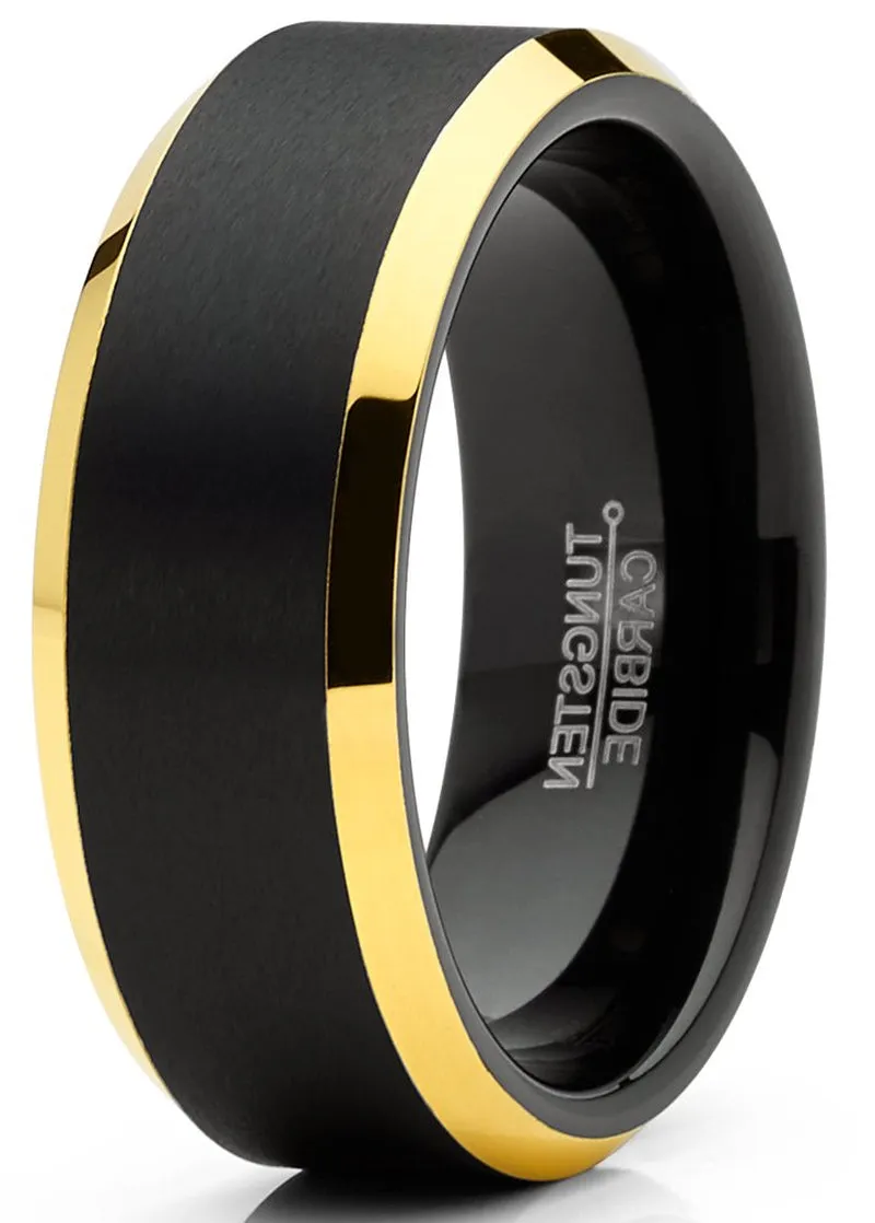 Mens Tungsten Ring Black Goldtone Wedding Band Beveled Edges Comfort-Fit 8MM 9.5