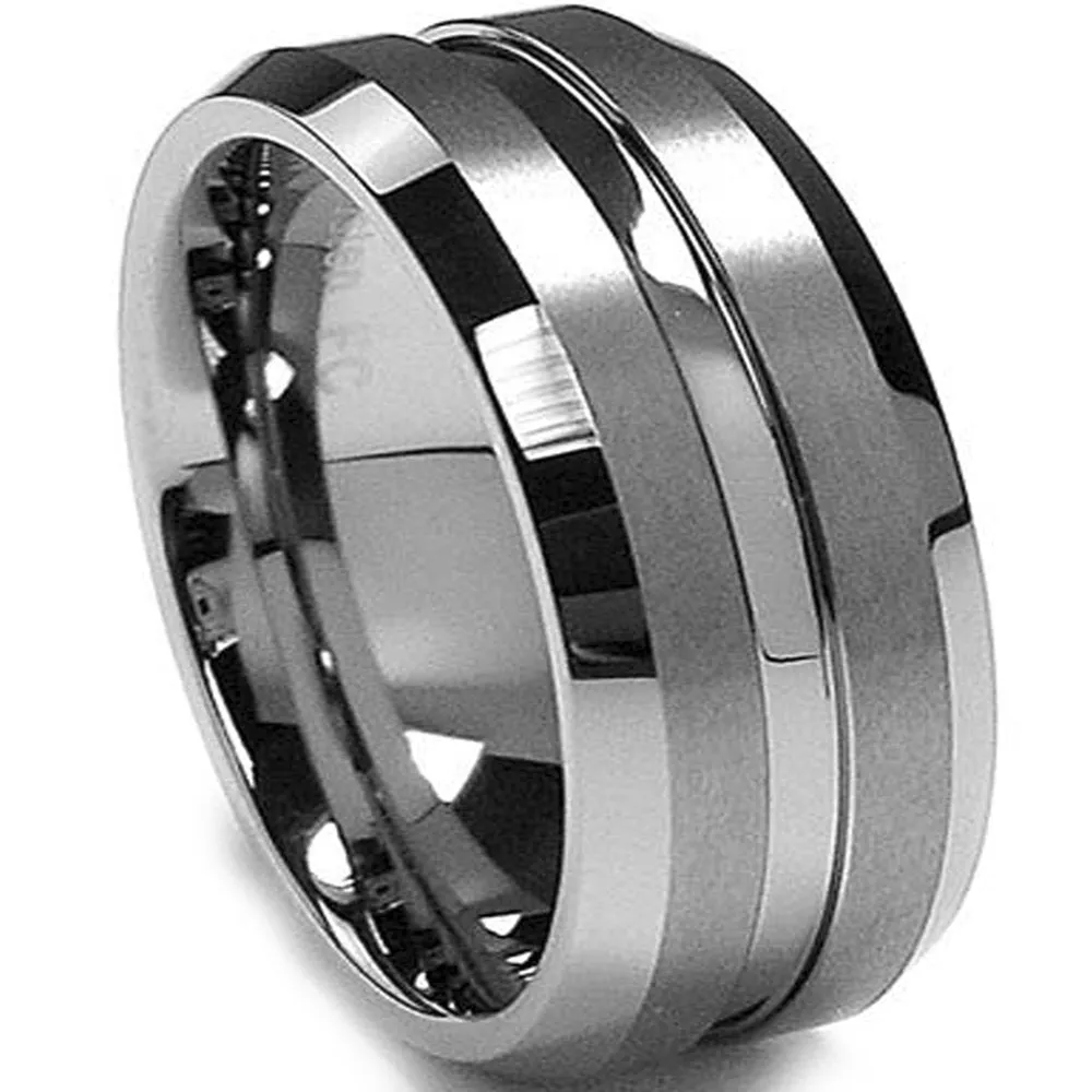 Men's Tungsten Ring Wedding Band Black Grooved Beveled Edge 8MM Sizes 7 to 15