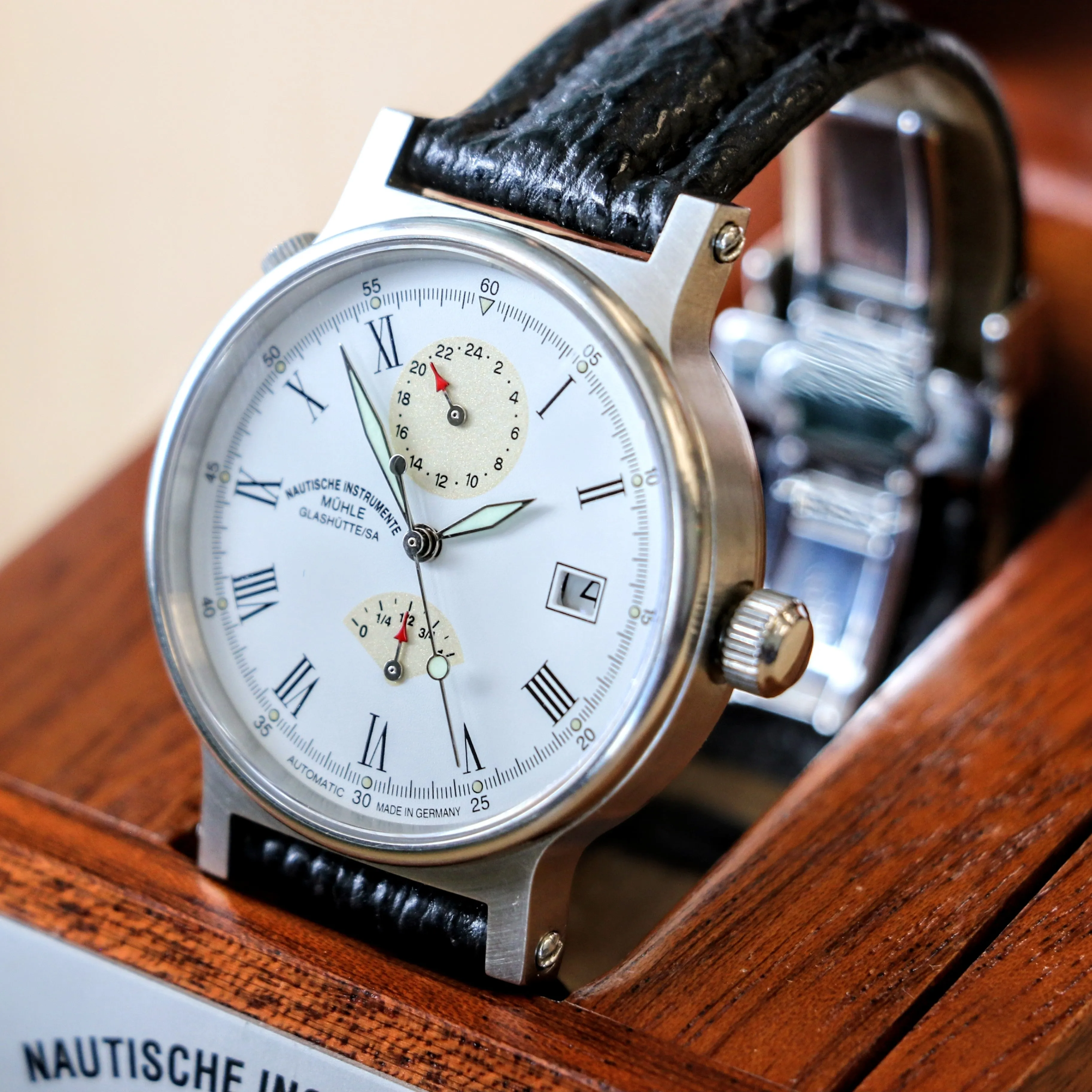 Muhle Glashutte Traveler Automatic Wristwatch Power Reserve - Display Back - M13310 1194 - Original Wood Box & Papers