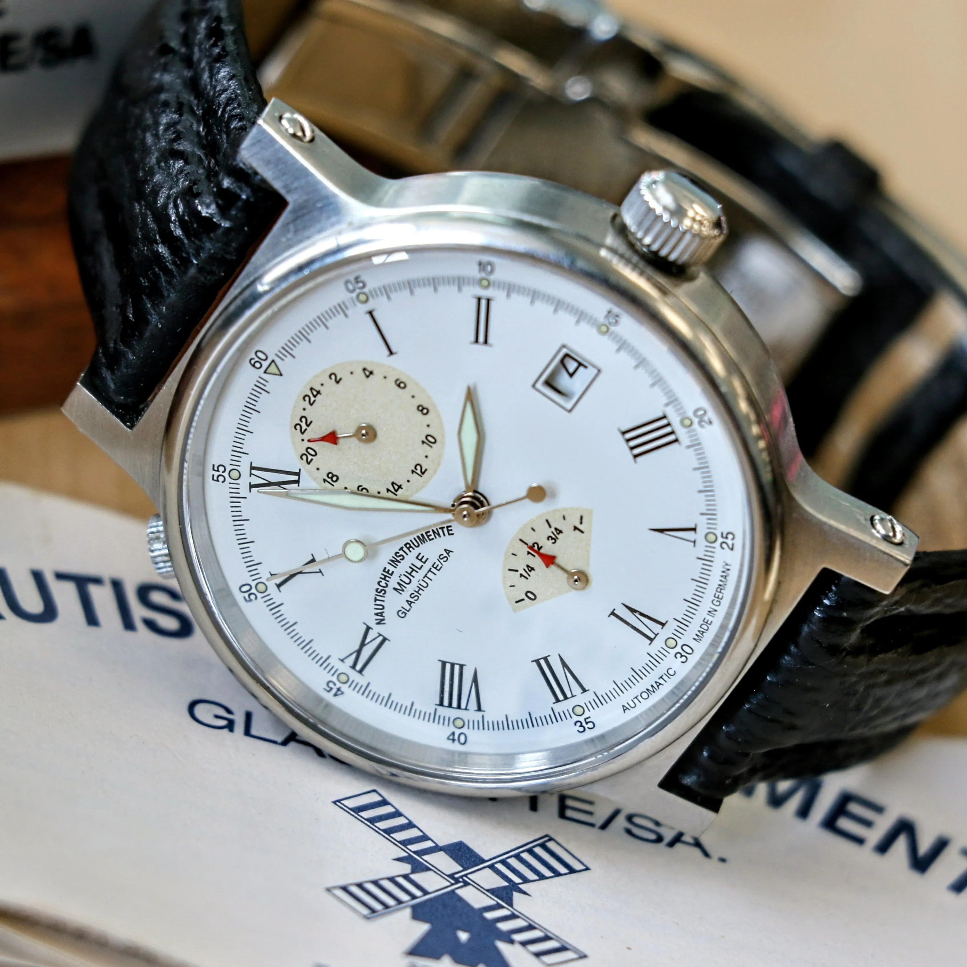 Muhle Glashutte Traveler Automatic Wristwatch Power Reserve - Display Back - M13310 1194 - Original Wood Box & Papers