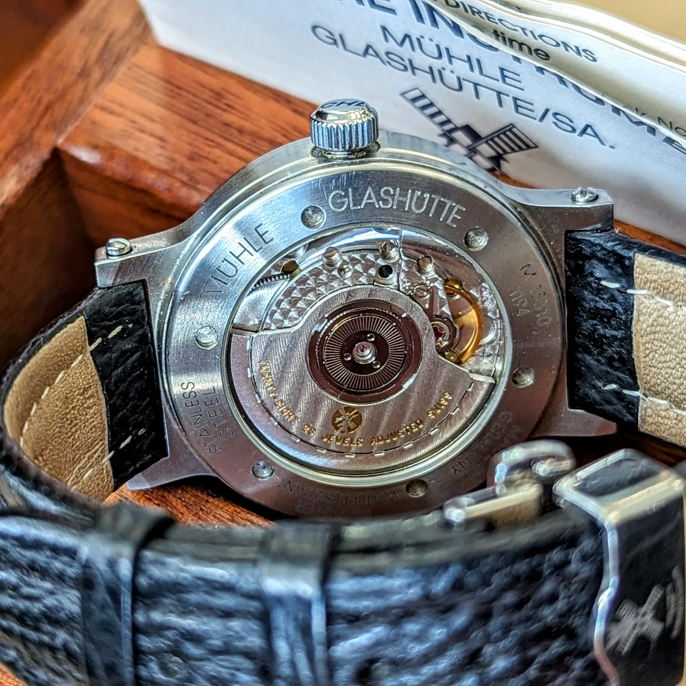 Muhle Glashutte Traveler Automatic Wristwatch Power Reserve - Display Back - M13310 1194 - Original Wood Box & Papers