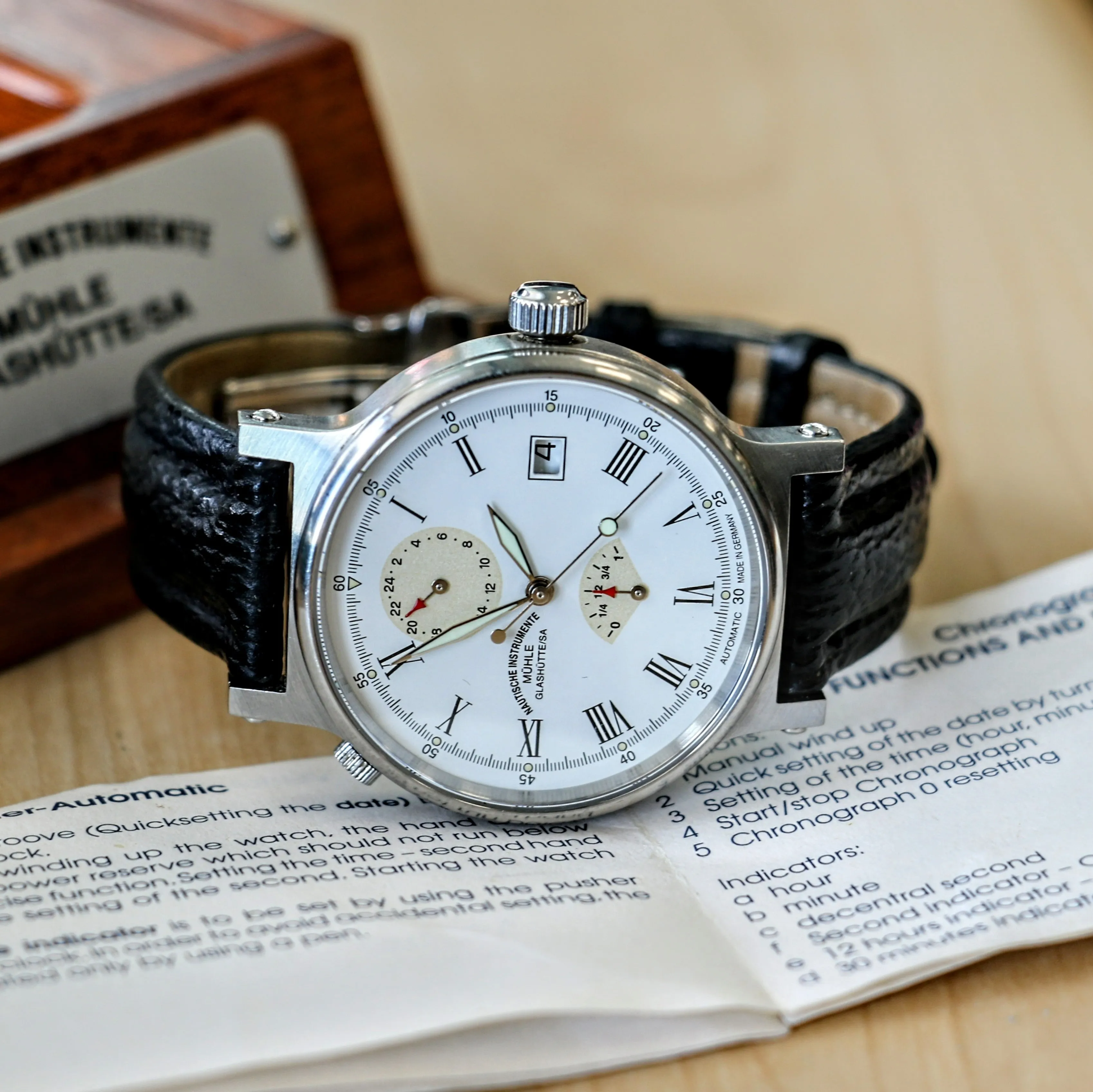 Muhle Glashutte Traveler Automatic Wristwatch Power Reserve - Display Back - M13310 1194 - Original Wood Box & Papers