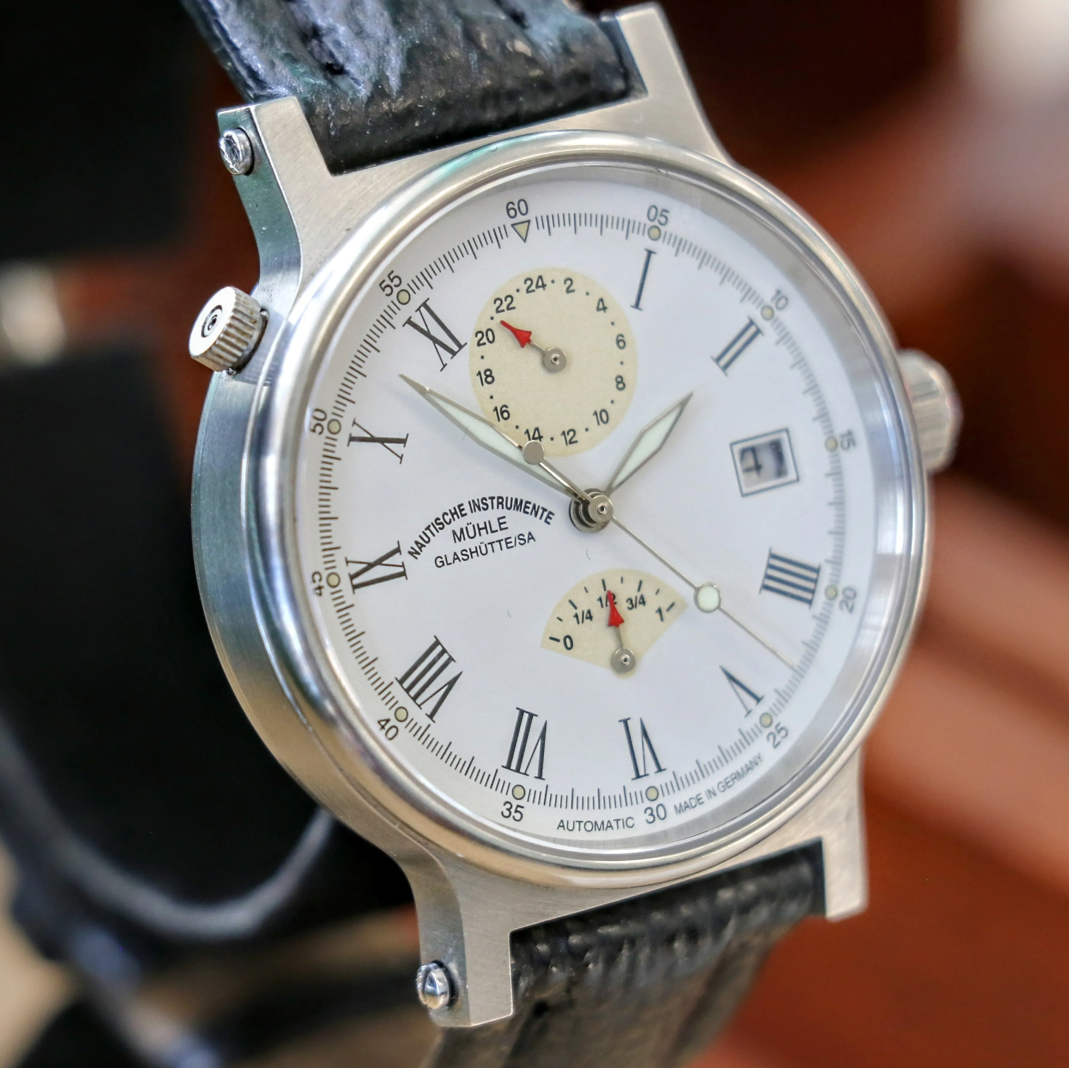 Muhle Glashutte Traveler Automatic Wristwatch Power Reserve - Display Back - M13310 1194 - Original Wood Box & Papers