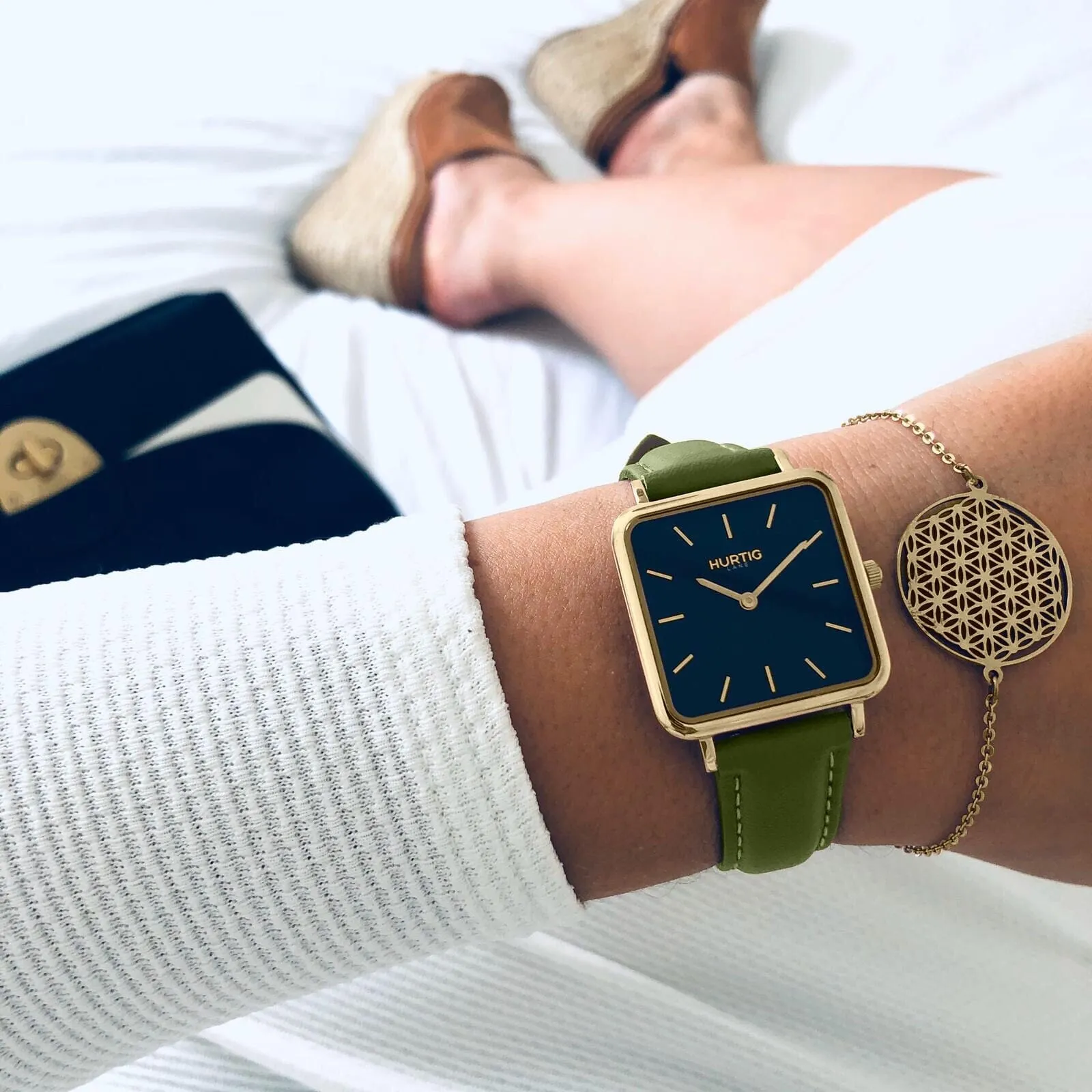 Neliö Square CACTUS Leather Watch Gold,Black & Green
