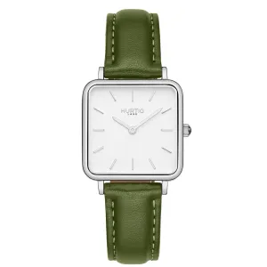 Neliö Square CACTUS Leather Watch Silver, White & Green
