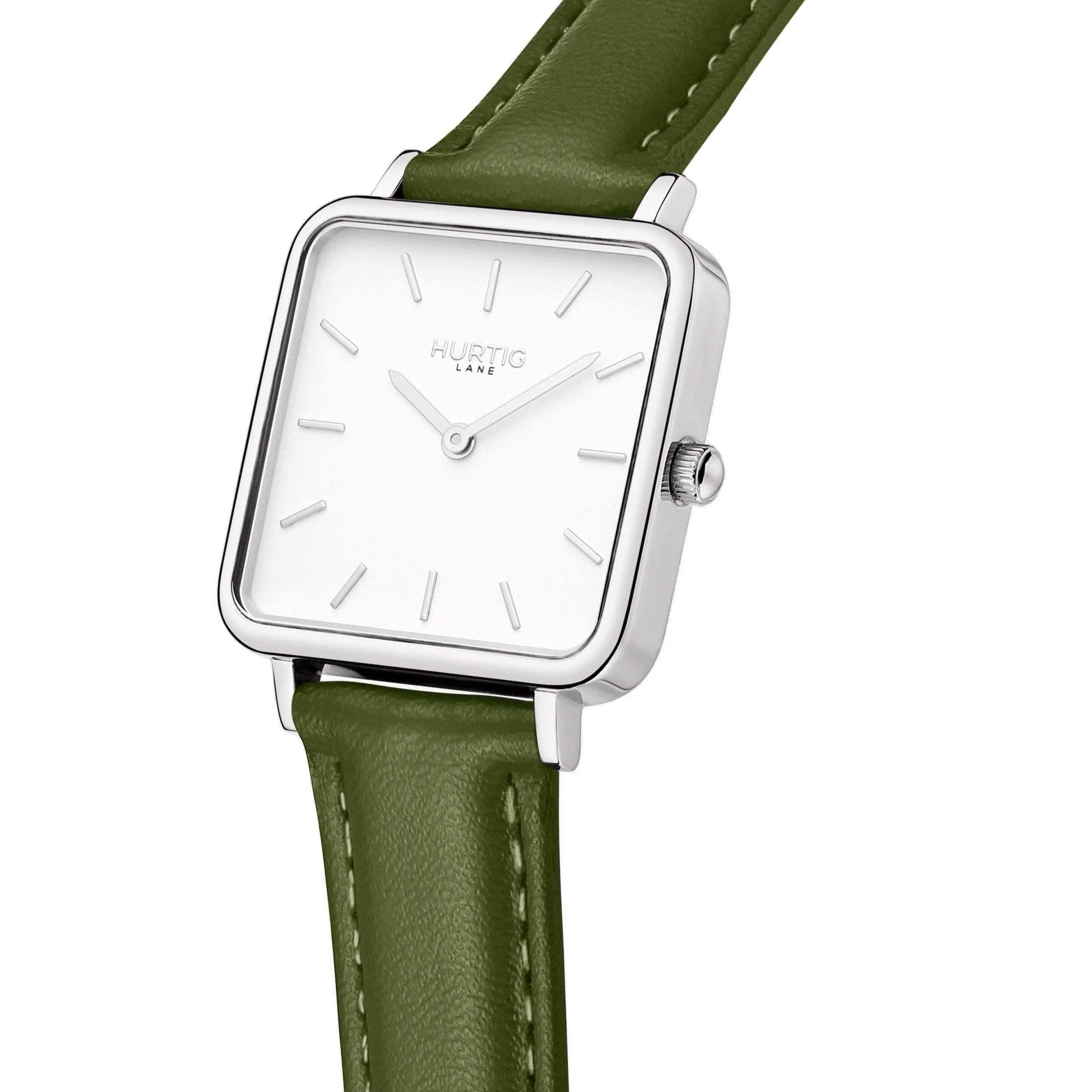 Neliö Square CACTUS Leather Watch Silver, White & Green