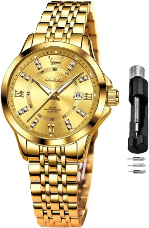 OLEVS Luxury Diamond Small Female Watches - Stainless Steel Bracelet, Waterproof Business Dress Analog Luminous Date Ladies Watches